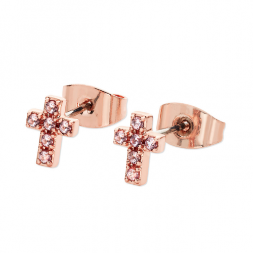 Tipperary Crystal  Pink CZ Cross Stud Earrings Rose Gold